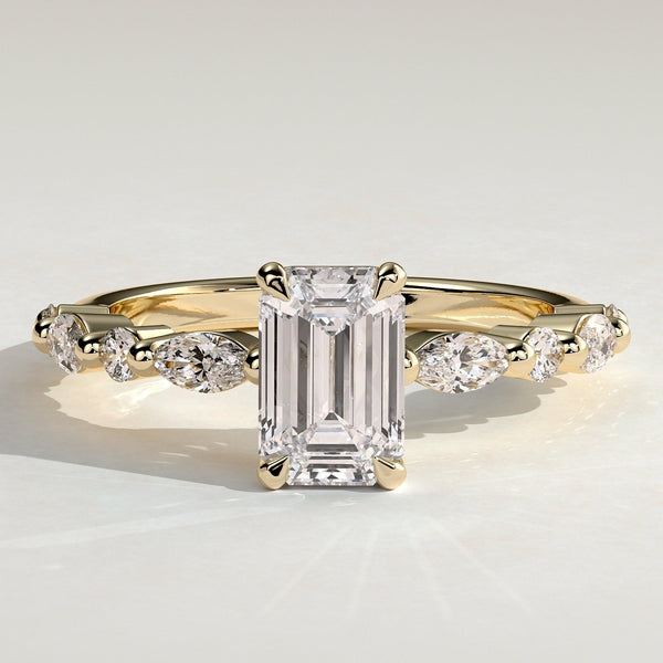 Emerald Cut Lab Grown Diamond Ring on an Alternating Marquise and Round Accent Band in Silver, 10K, 14K and 18K Gold