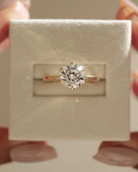 Round cut lab grown diamond low set six claw solitaire ring