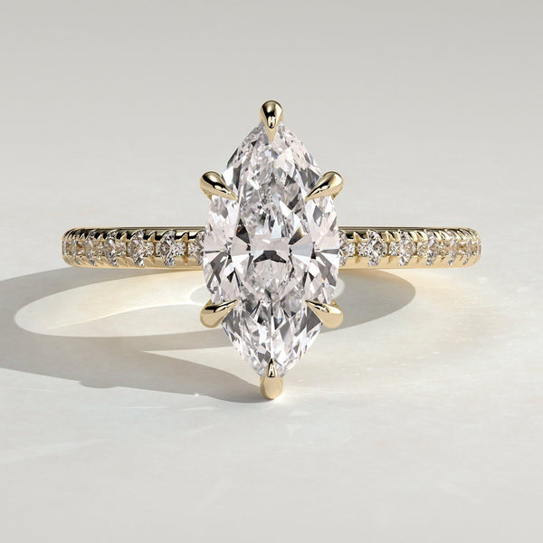 Marquise Cut Lab Grown Diamond Hidden Halo Ring on a Pave Band in Silver, 10K, 14K and 18K Gold