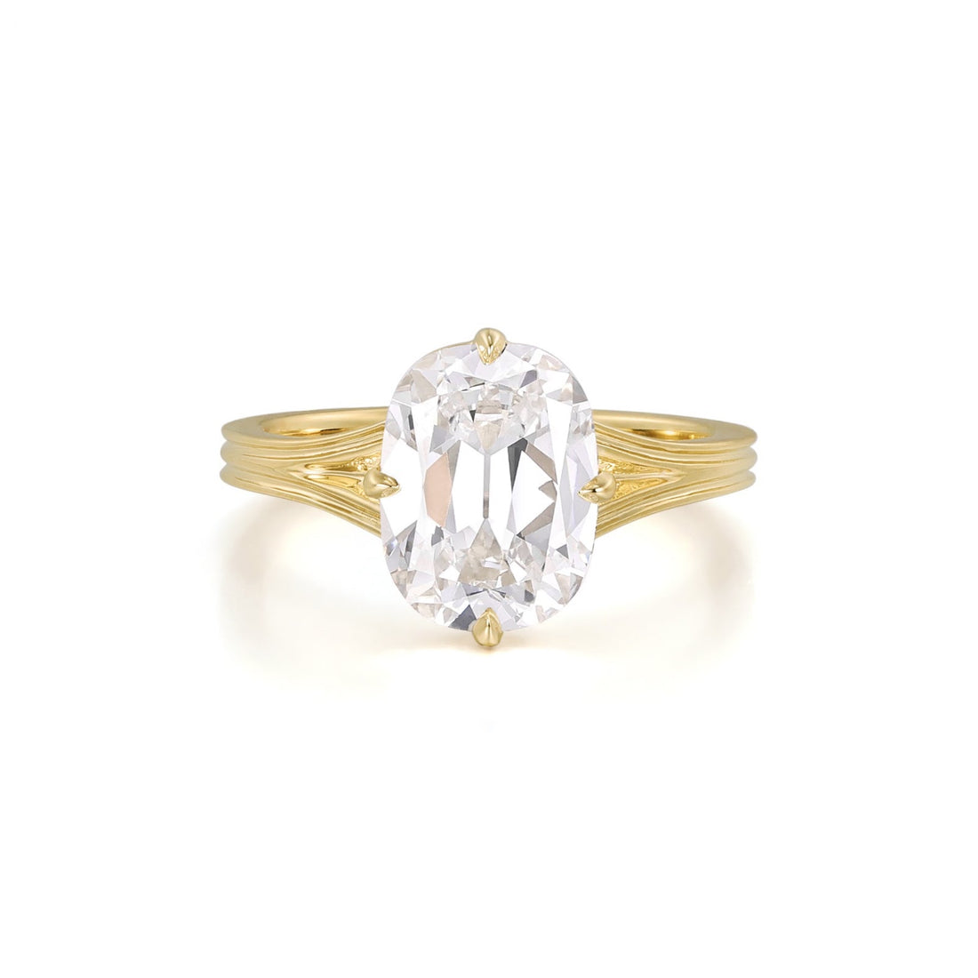 Old mine cut lab grown diamond solitaire on a fluted split shank in 14K yellow gold