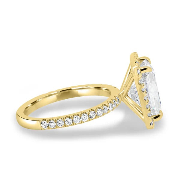 Radiant cut lab grown diamond halo ring side profile
