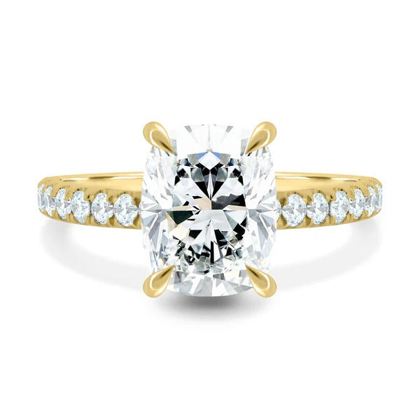 Elongated cushion cut lab grown diamond ring with hidden halo and pave