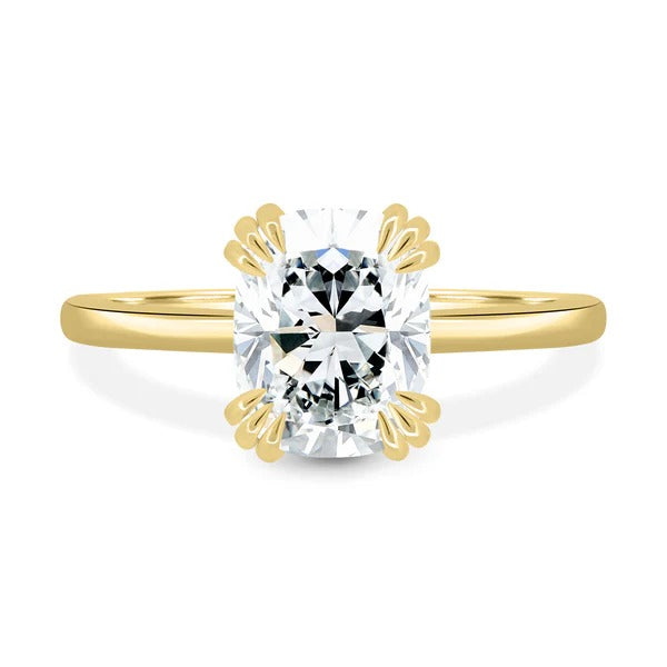 Elongated cushion cut lab grown diamond triple split claw solitaire ring
