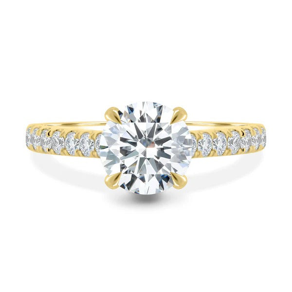 Round cut lab grown diamond four claw pave ring with hidden halo
