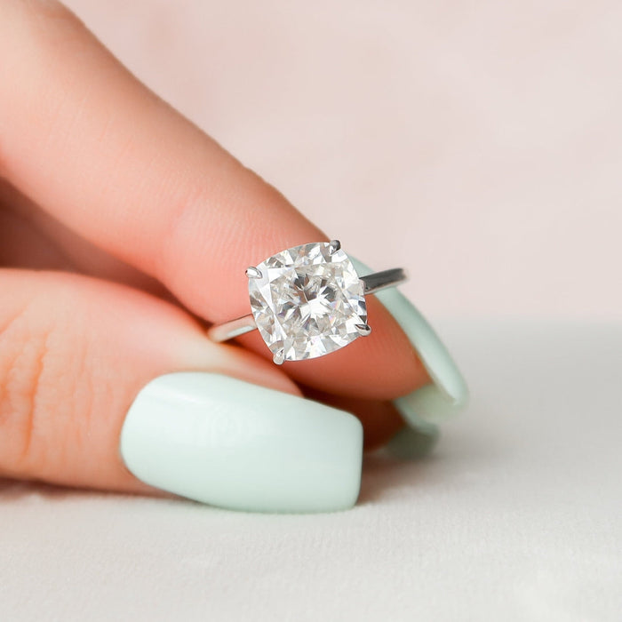 Cushion cut lab grown diamond vintage anniversary ring, angled view