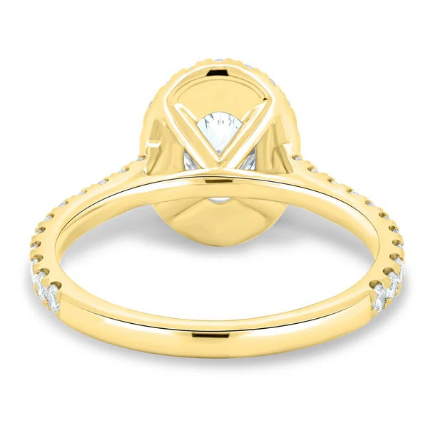 Rear view showing the closed back halo and pave shoulders