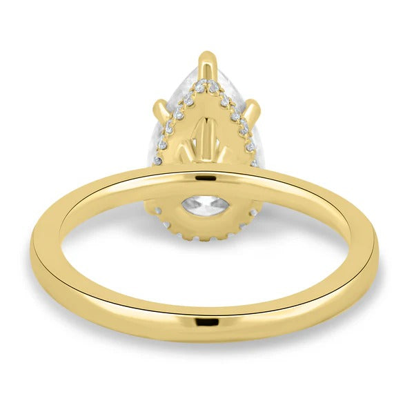 Pear cut lab grown diamond five claw solitaire ring with hidden halo
