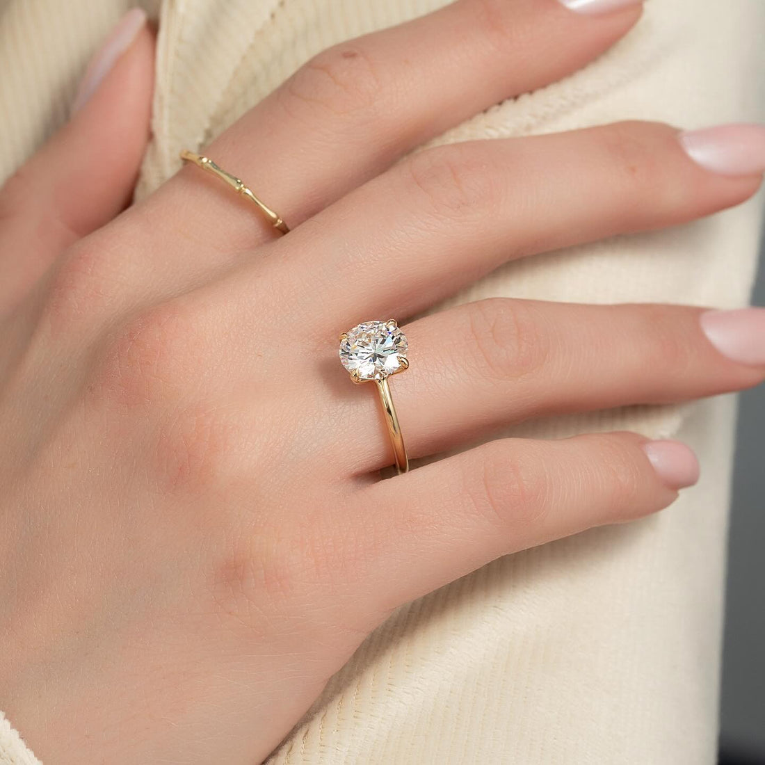 Round cut lab grown diamond classic solitaire in yellow gold worn on the hand