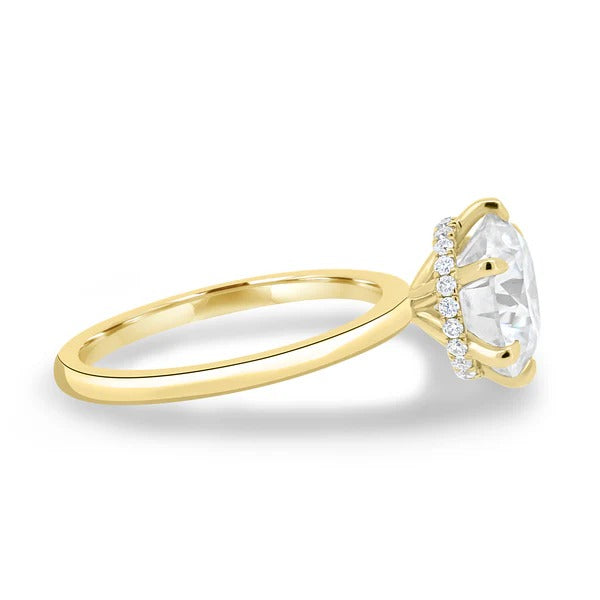Round cut lab grown diamond hidden halo ring on fine band side view