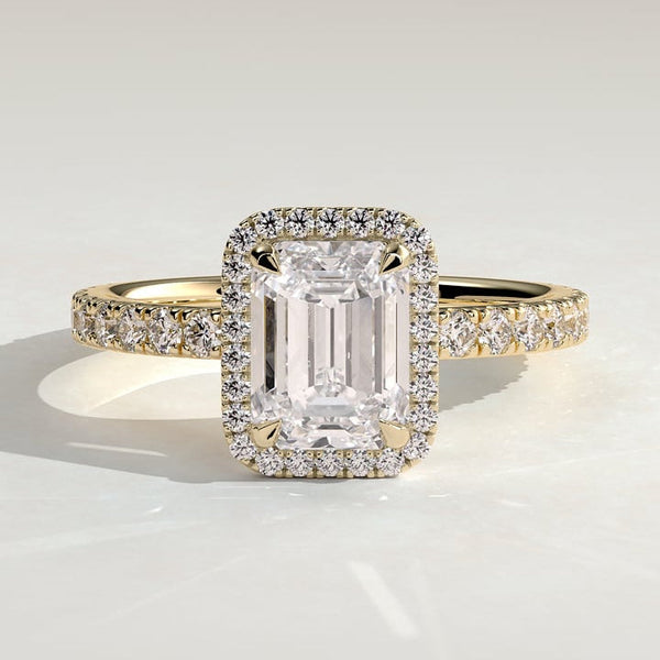Emerald Cut Lab Grown Diamond Halo Ring on a Pave Band in Silver, 10K, 14K and 18K Gold