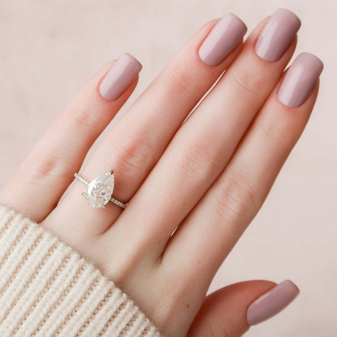 Pear cut lab grown diamond handmade anniversary ring, front view