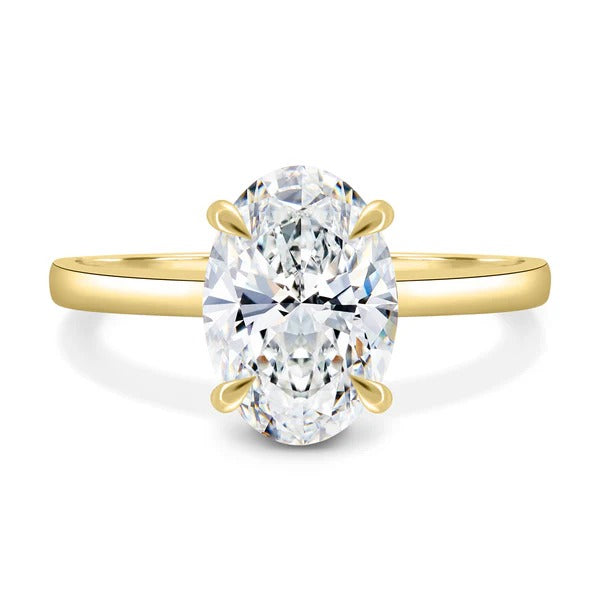 Oval cut lab grown diamond hidden halo solitaire ring with plain band