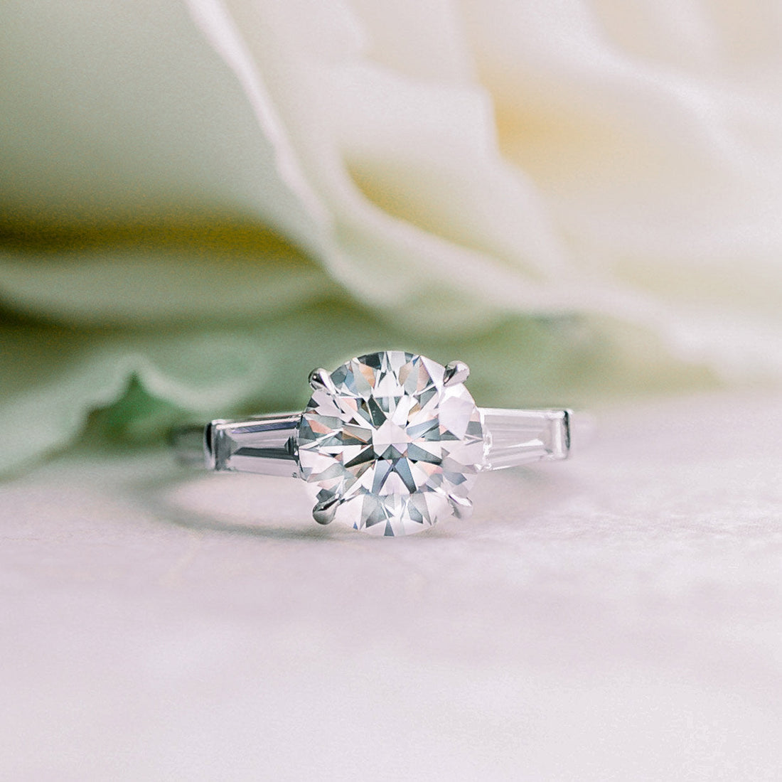 Round Cut Moissanite Tapered Baguette Three Stone Engagement Ring 2 CT to 5 CT - front view 1