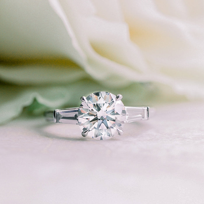 Round Cut Moissanite Tapered Baguette Three Stone Engagement Ring 2 CT to 5 CT - front view 1