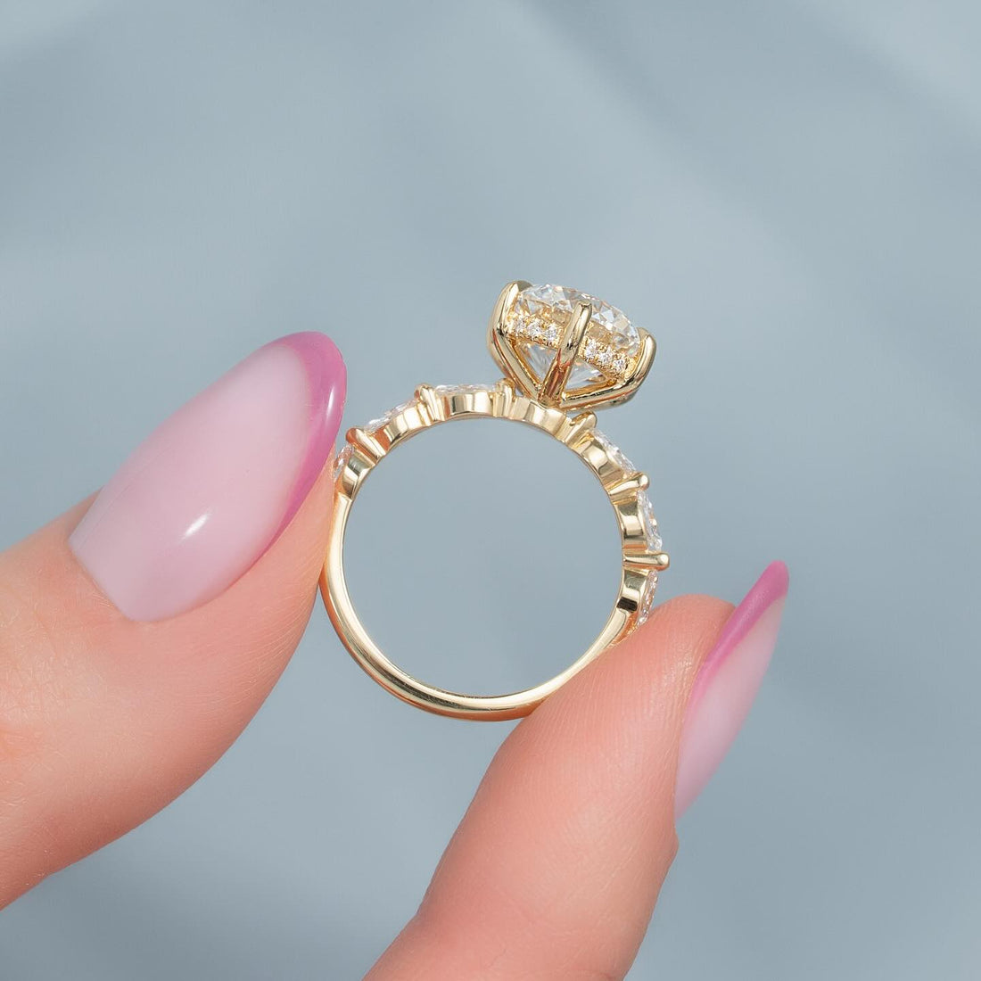 Round Cut Moissanite Hidden Halo Marquise Accent Ring in 14K Gold — Mapple Gems