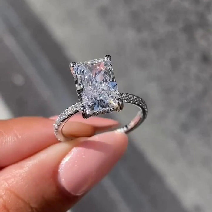 Radiant Cut Moissanite Pave Side Stone Engagement Ring in 14K Gold — Mapple Gems