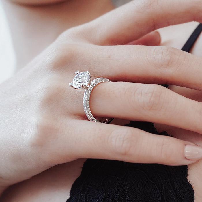 Profile of the ring showing pave running along the side of the shank