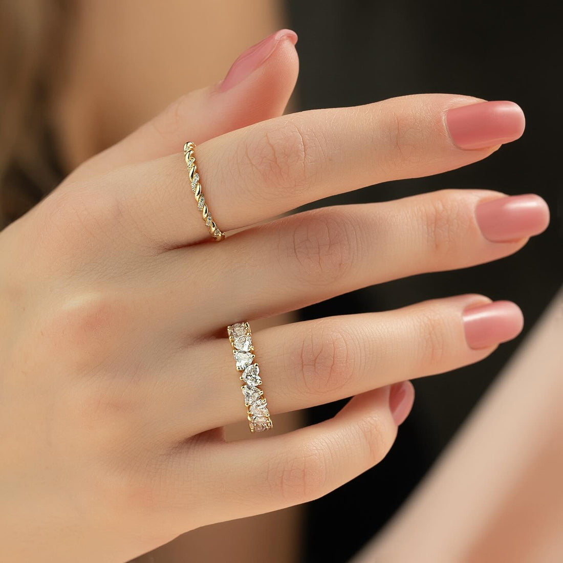 Heart Cut Moissanite Full Eternity Wedding Band in 14K Gold on hand