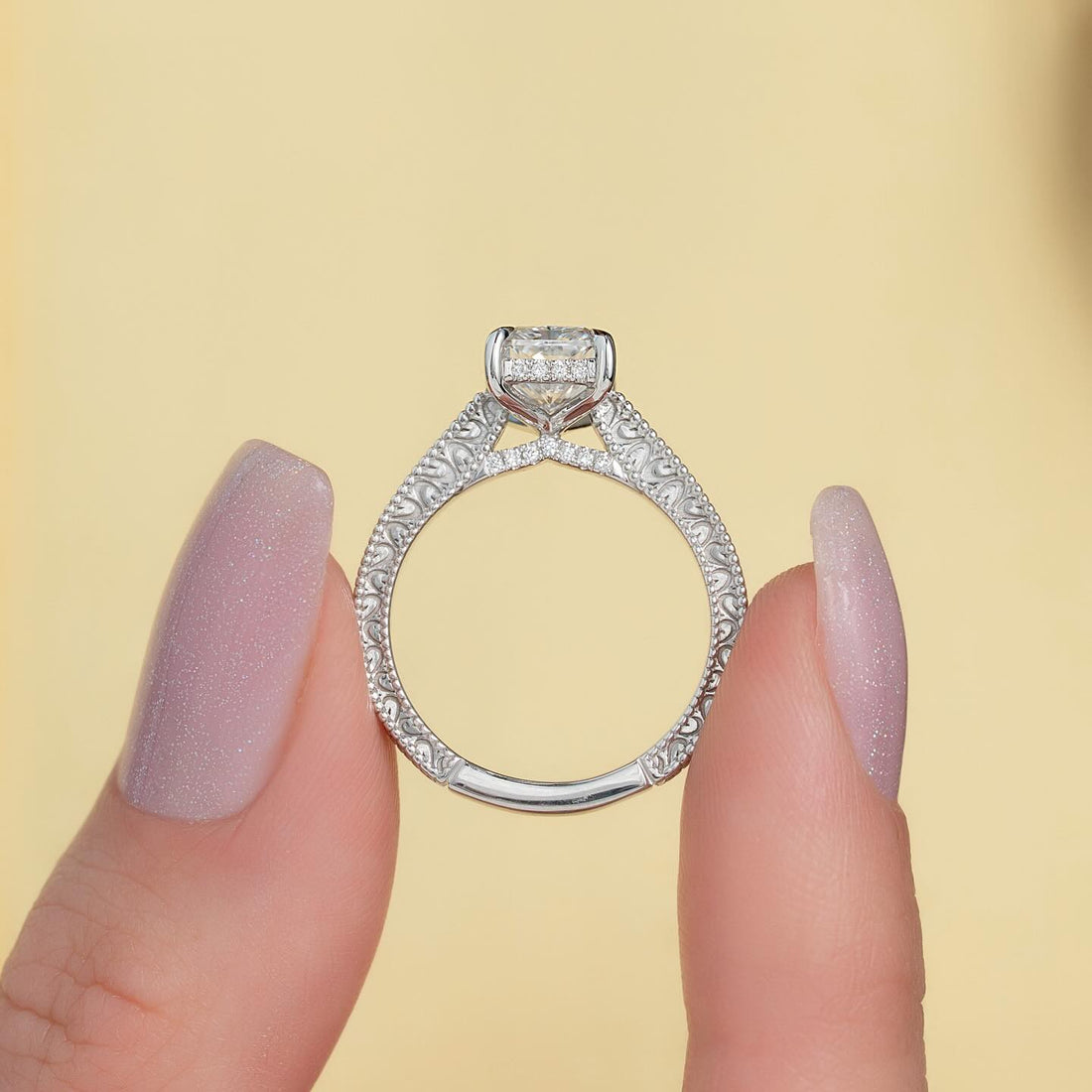 Radiant Cut Moissanite Milgrain Engraved Solitaire Ring in 14K Gold — Mapple Gems