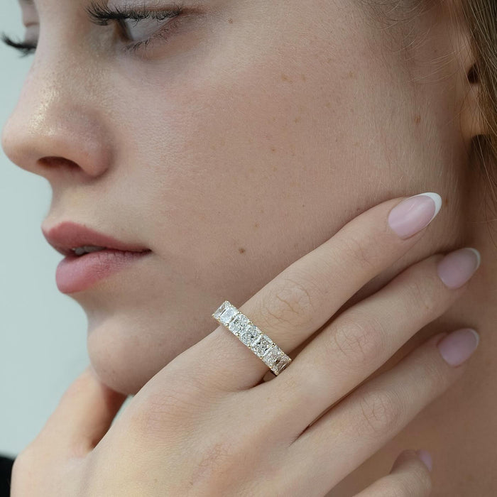 Radiant Cut Moissanite Common Prong Eternity Band on hand in 14K Gold