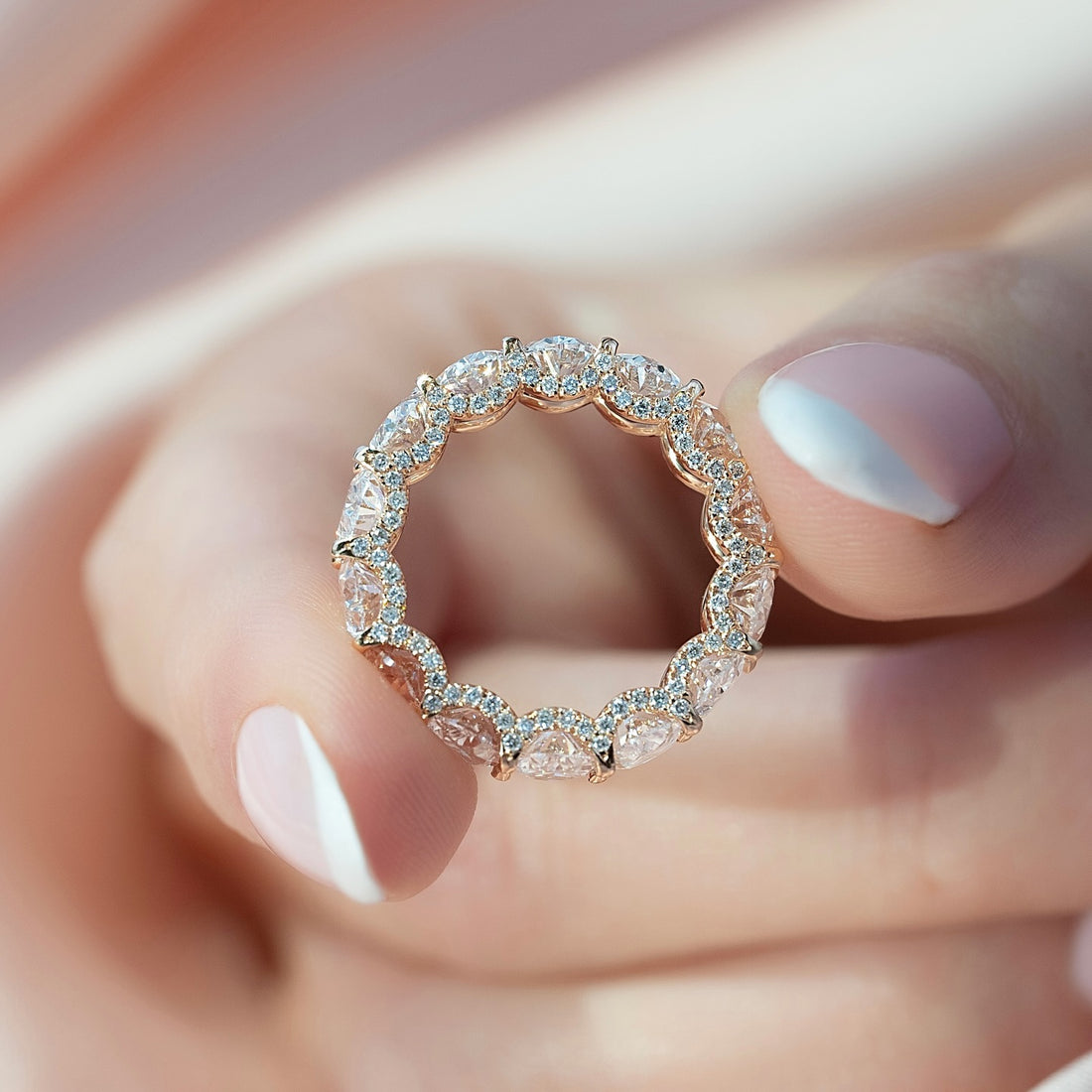 Oval Moissanite Hidden Halo Eternity Wedding Band in 14K Gold