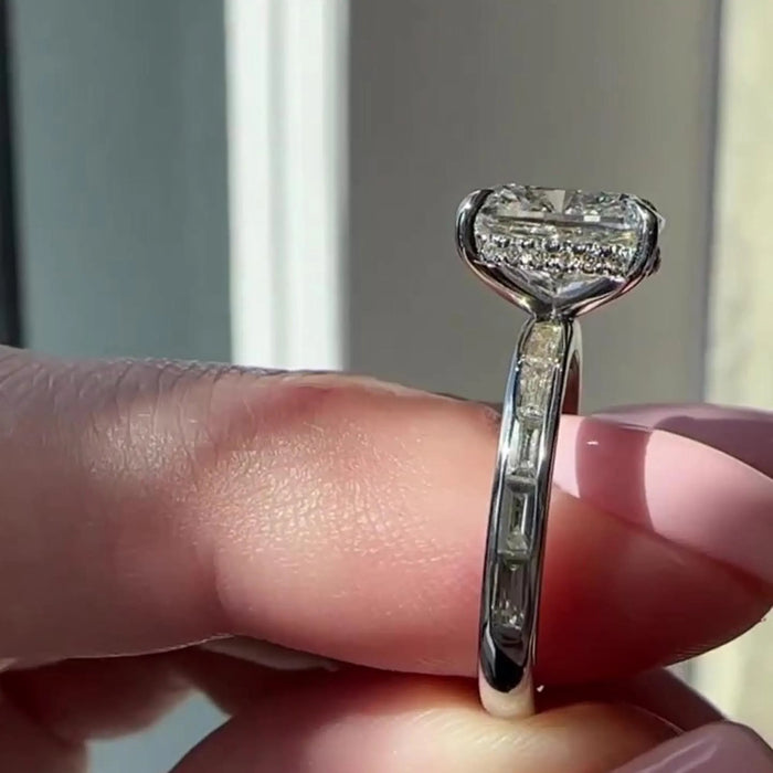 Cushion Cut Moissanite Hidden Halo Baguette Ring in 14K Gold — Mapple Gems