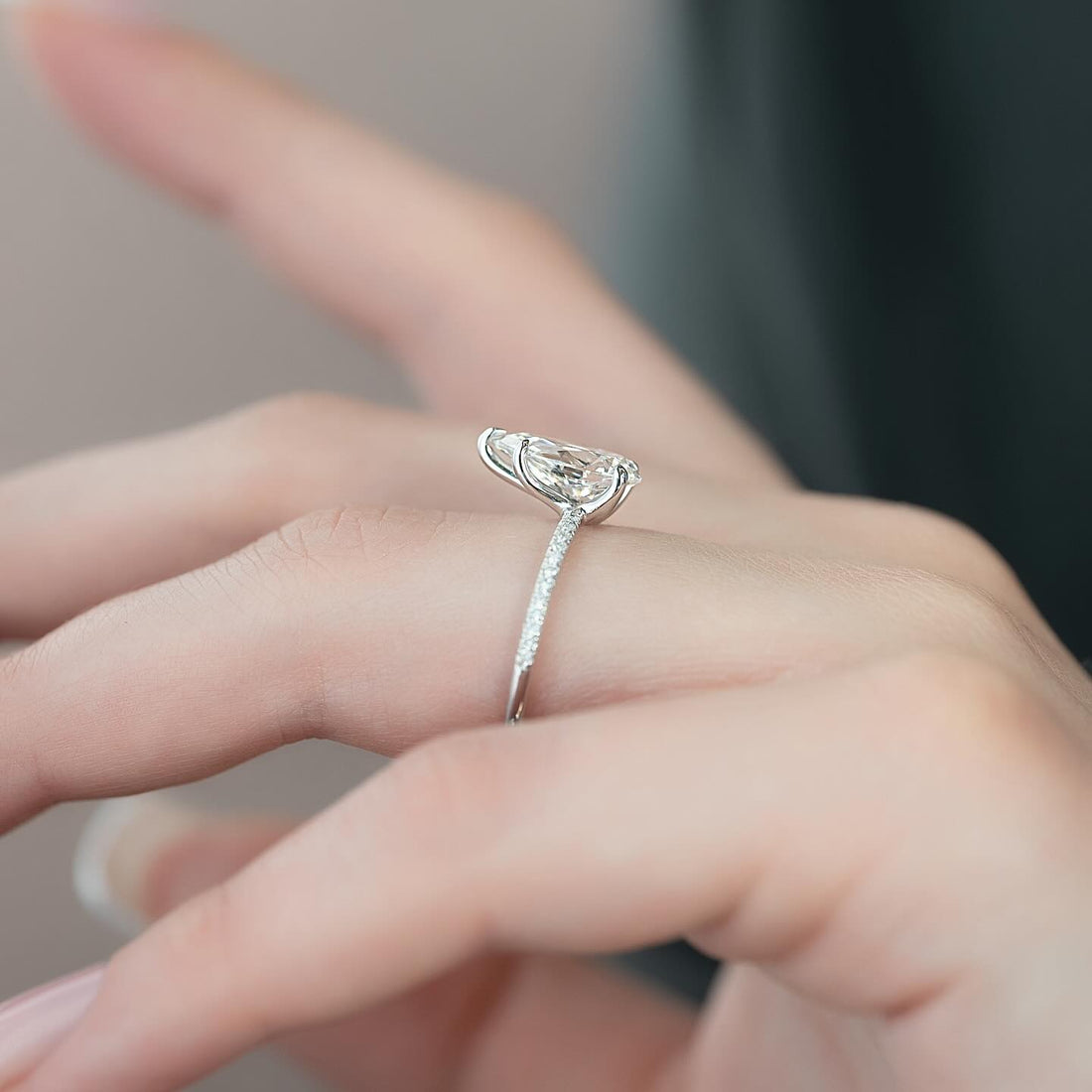 Pear Moissanite Pave Band Solitaire Ring profile in 14K Gold