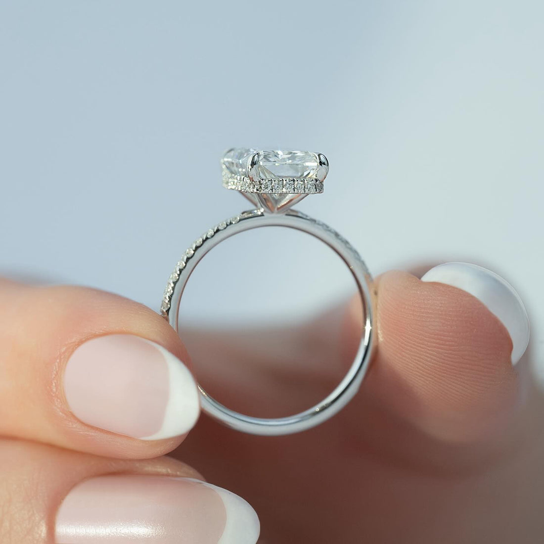 Radiant Cut Moissanite Hidden Halo Pave Band Ring profile showing hidden halo in 14K Gold