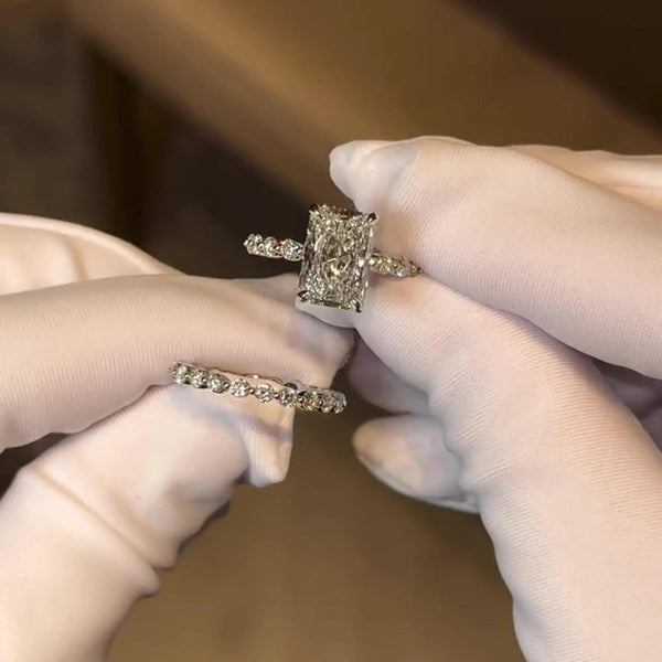 Radiant Cut Moissanite Bridal Set with Round Band 14K