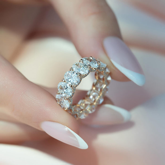 Oval Moissanite U Prong Hidden Halo Eternity Band in 14K Gold