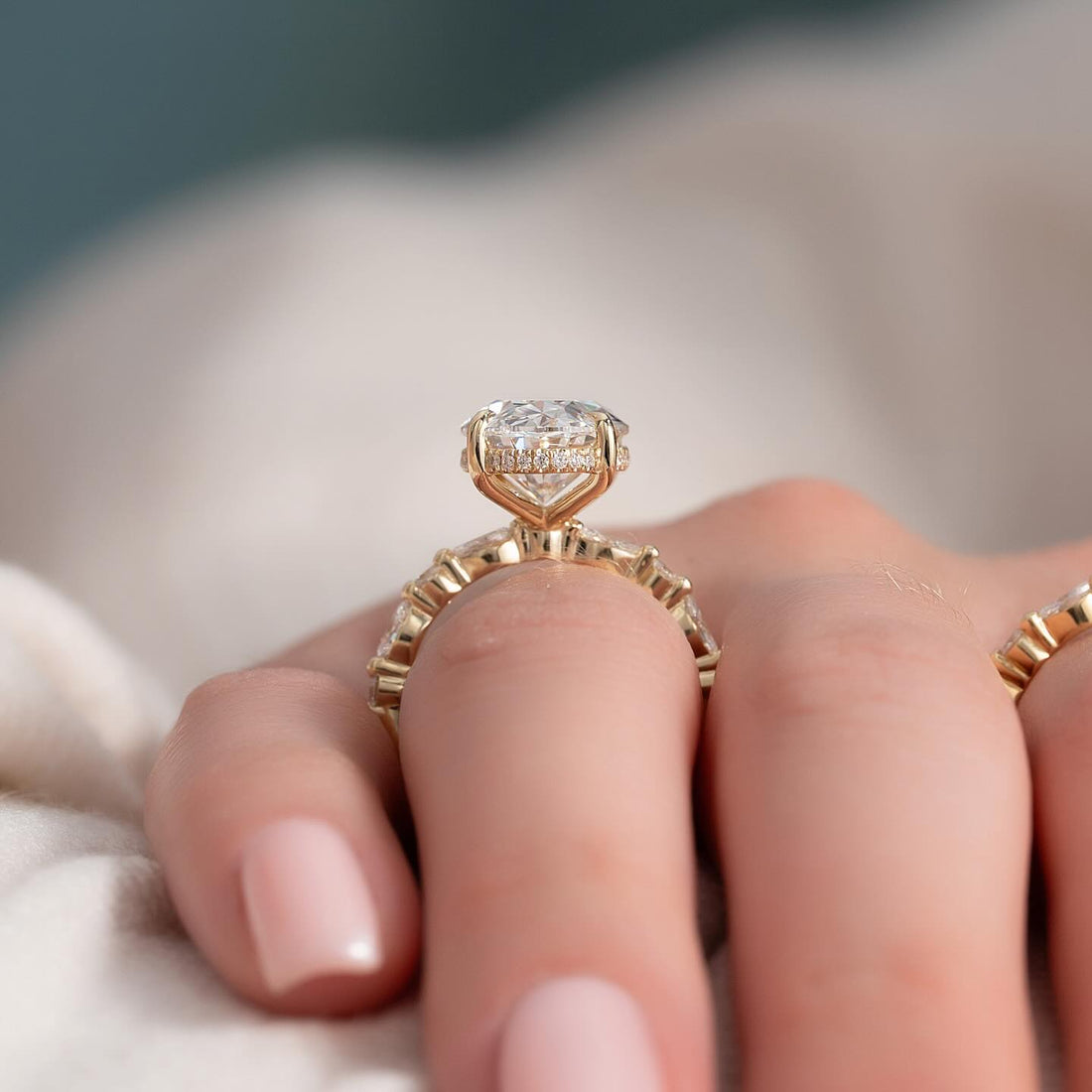 Oval Cut Moissanite Hidden Halo Marquise Accent Ring in 14K Gold — Mapple Gems