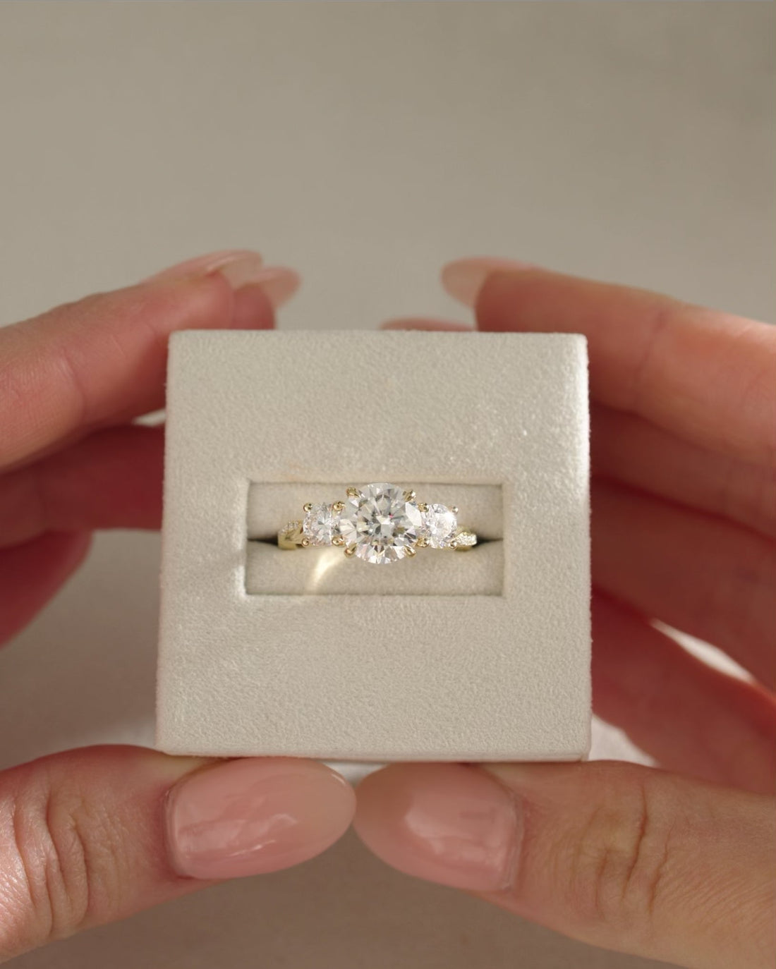 Round Cut Moissanite Three Stone Engagement Ring with Pave Shoulders 2 CT to 5 CT - view 1