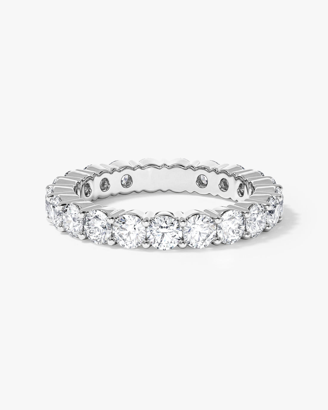 3mm round moissanite faceted eternity wedding band in white gold, front view