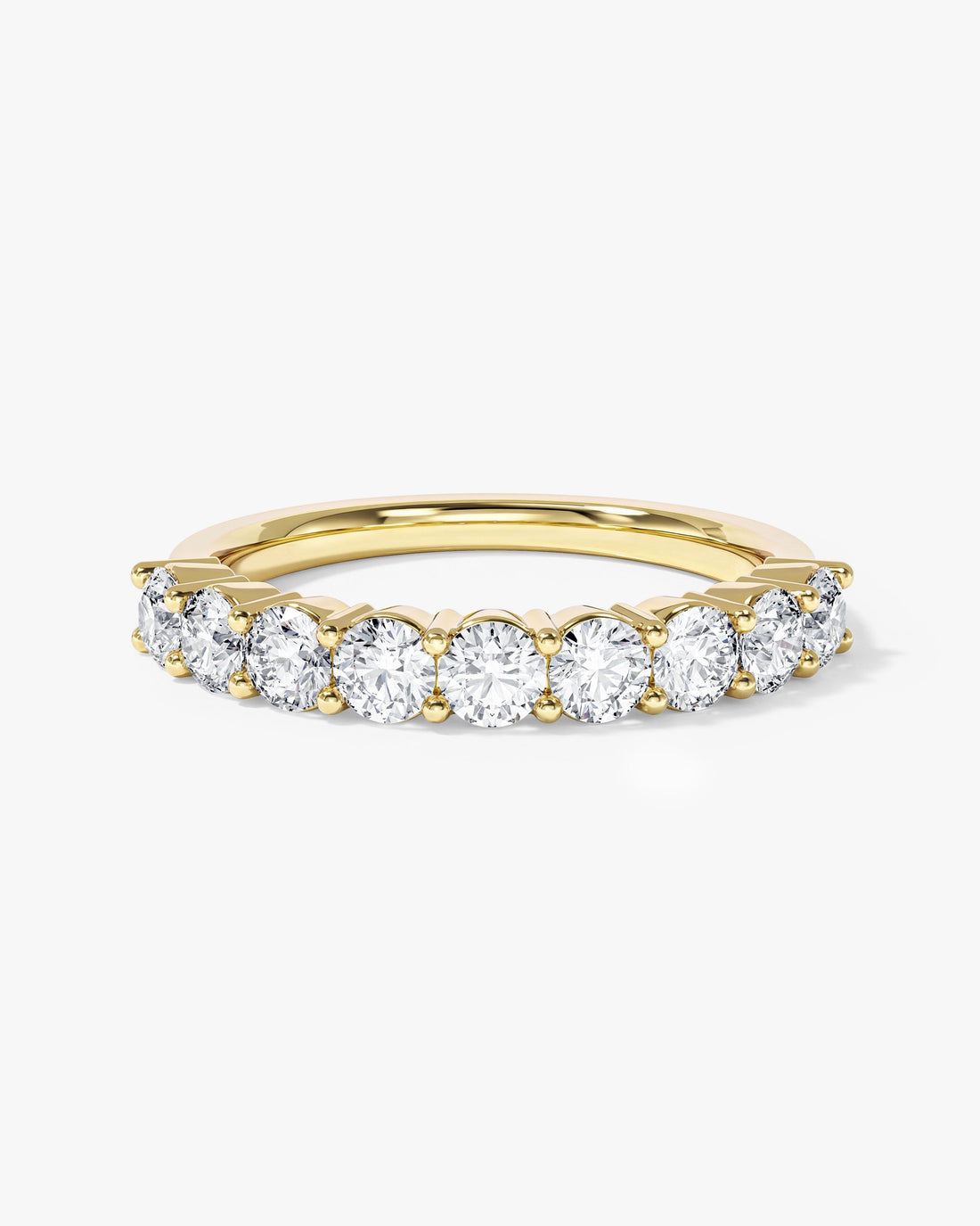 3mm round moissanite faceted half eternity wedding band in yellow gold, front view