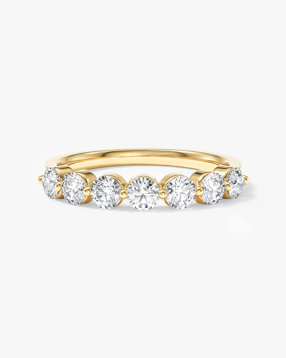 3mm round moissanite single prong half eternity wedding band in yellow gold, front view