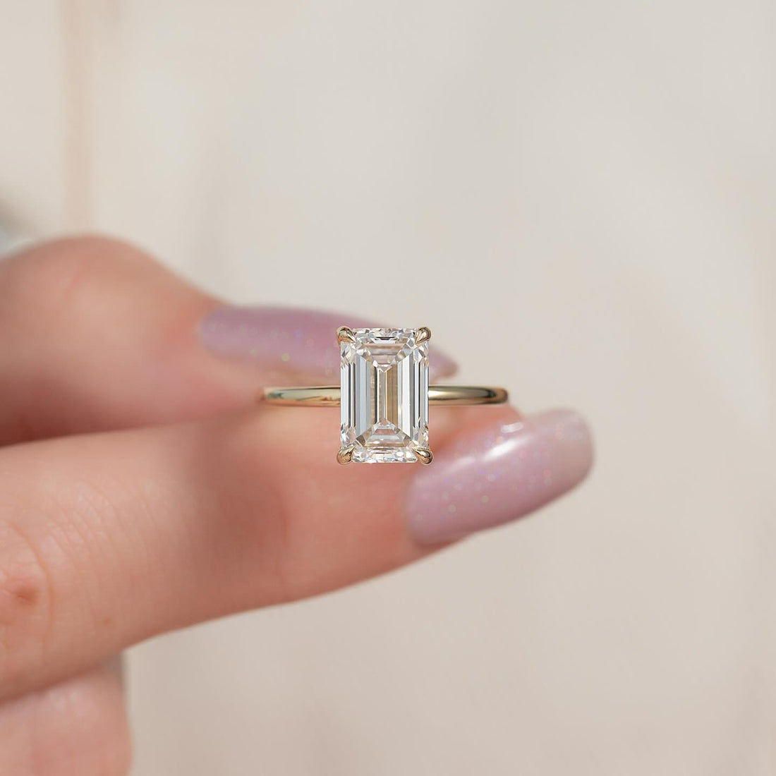 Emerald Cut Moissanite Hidden Halo Petite Solitaire Ring in 14K Gold — Mapple Gems