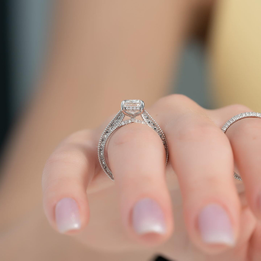 Radiant Cut Moissanite Hand-Engraved Hidden Halo Ring — gallery detail — Mapple Gems