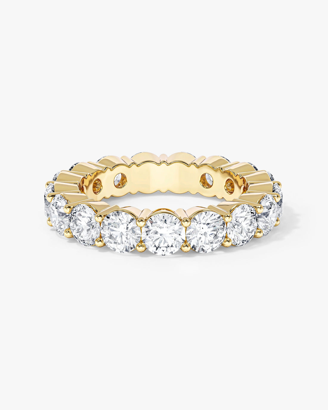 4mm round moissanite faceted eternity wedding band in yellow gold, front view