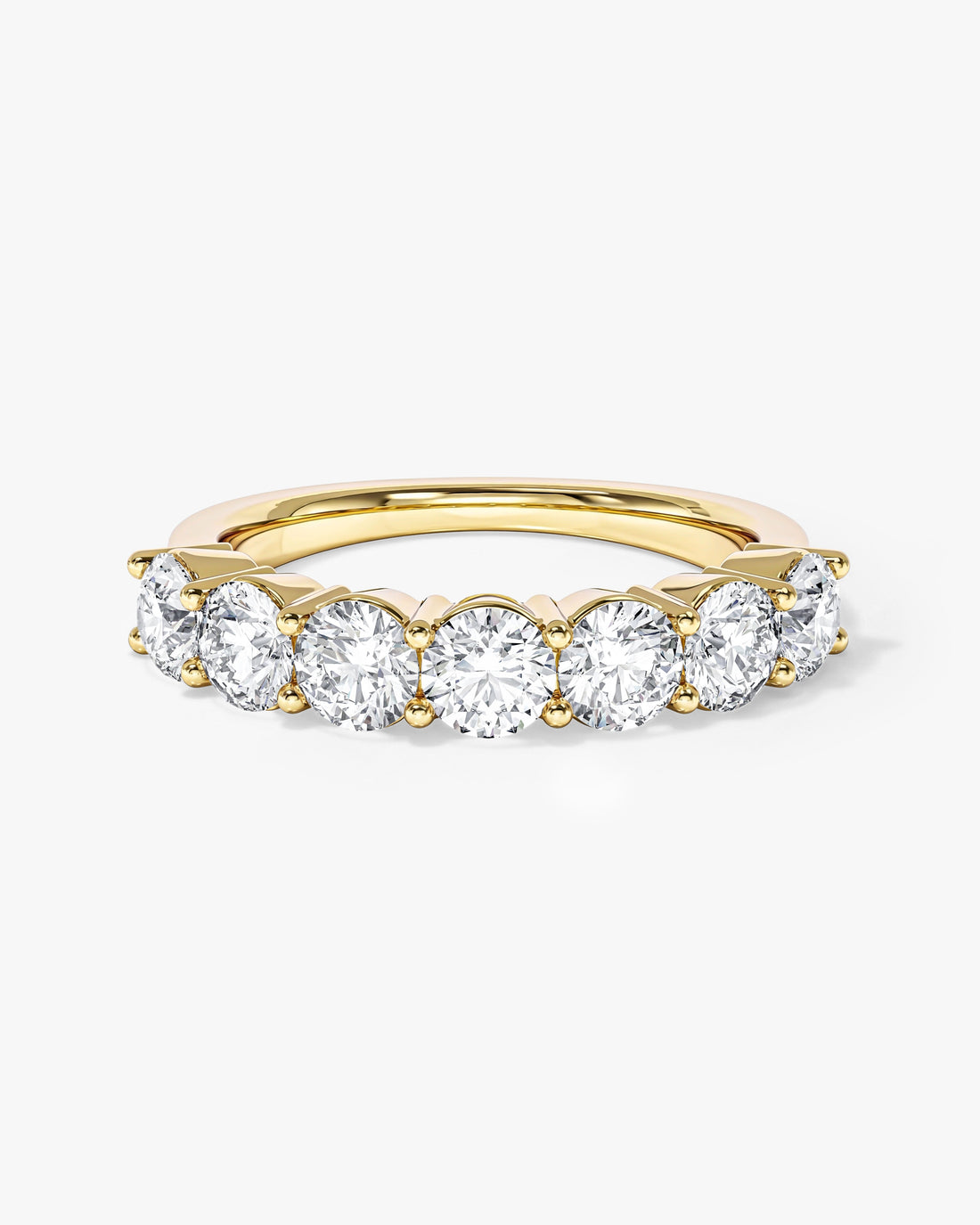 4mm round moissanite faceted half eternity wedding band in yellow gold, front view