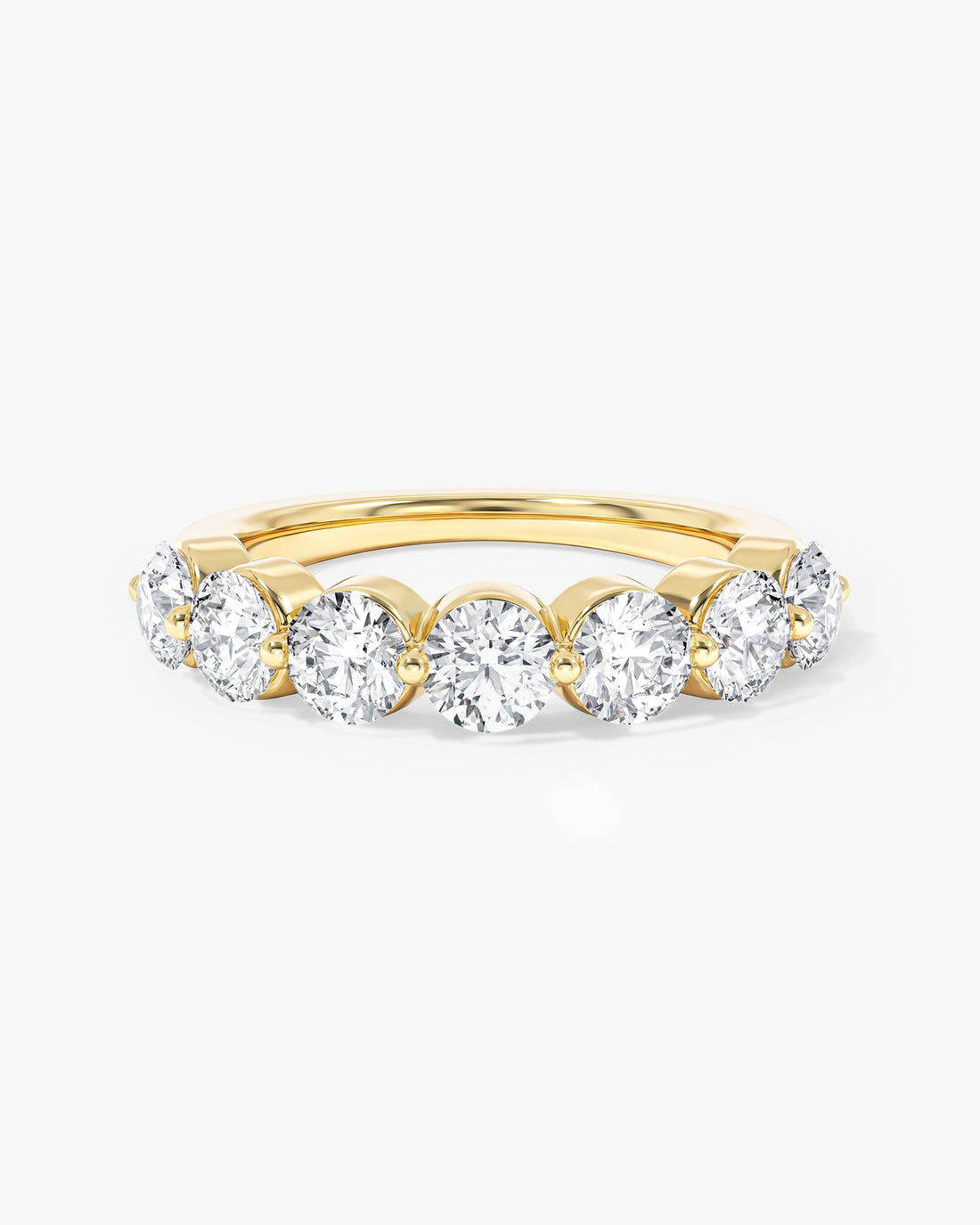 4mm round moissanite single prong half eternity wedding band in yellow gold, front view
