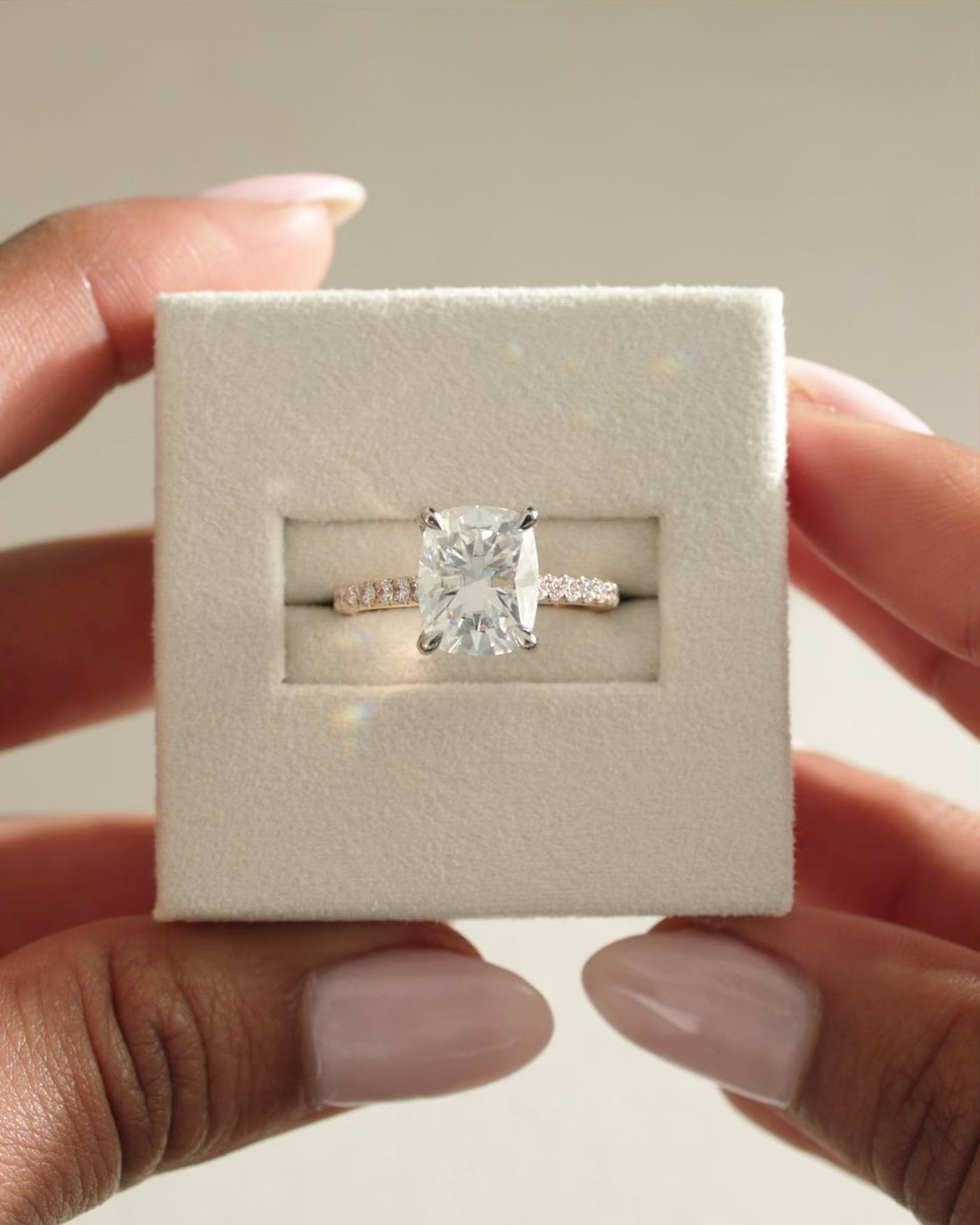 Elongated Cushion Cut Moissanite Four Claw Engagement Ring with Pave Set Band - view 1