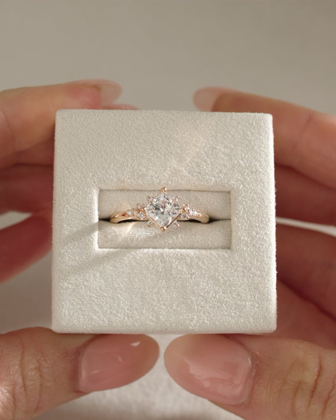 Princess Cut Moissanite Kite Set Cluster Engagement Ring with Round Accent Stones - view 1