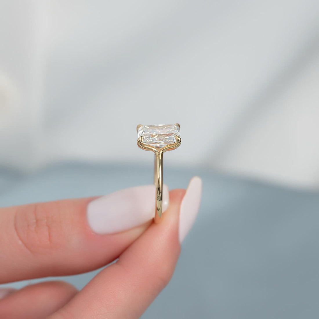 Radiant Cut Moissanite Thin Band Solitaire Ring — side profile — Mapple Gems