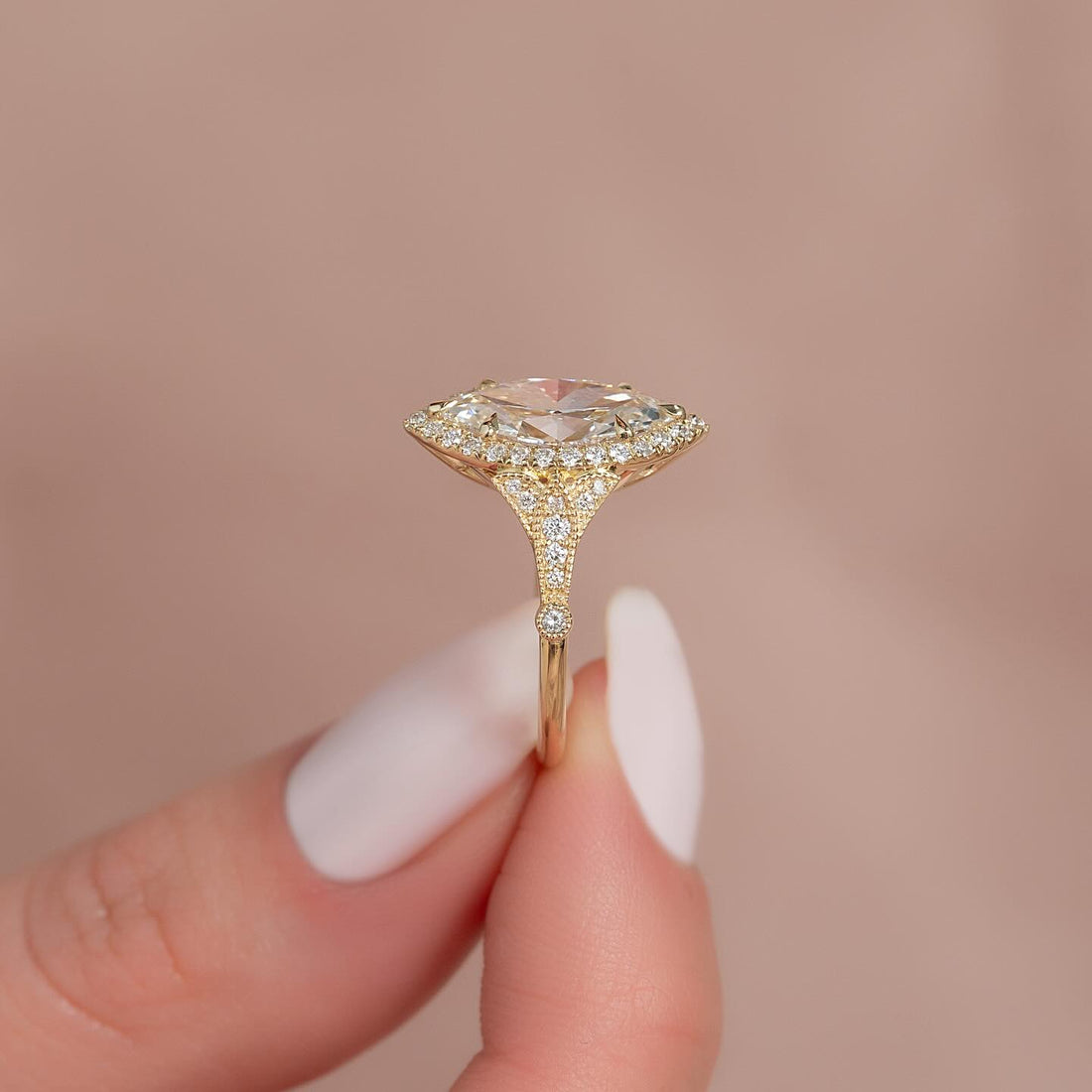 Marquise Cut Moissanite Vintage Halo Ring — side profile showing cathedral gallery — Mapple Gems