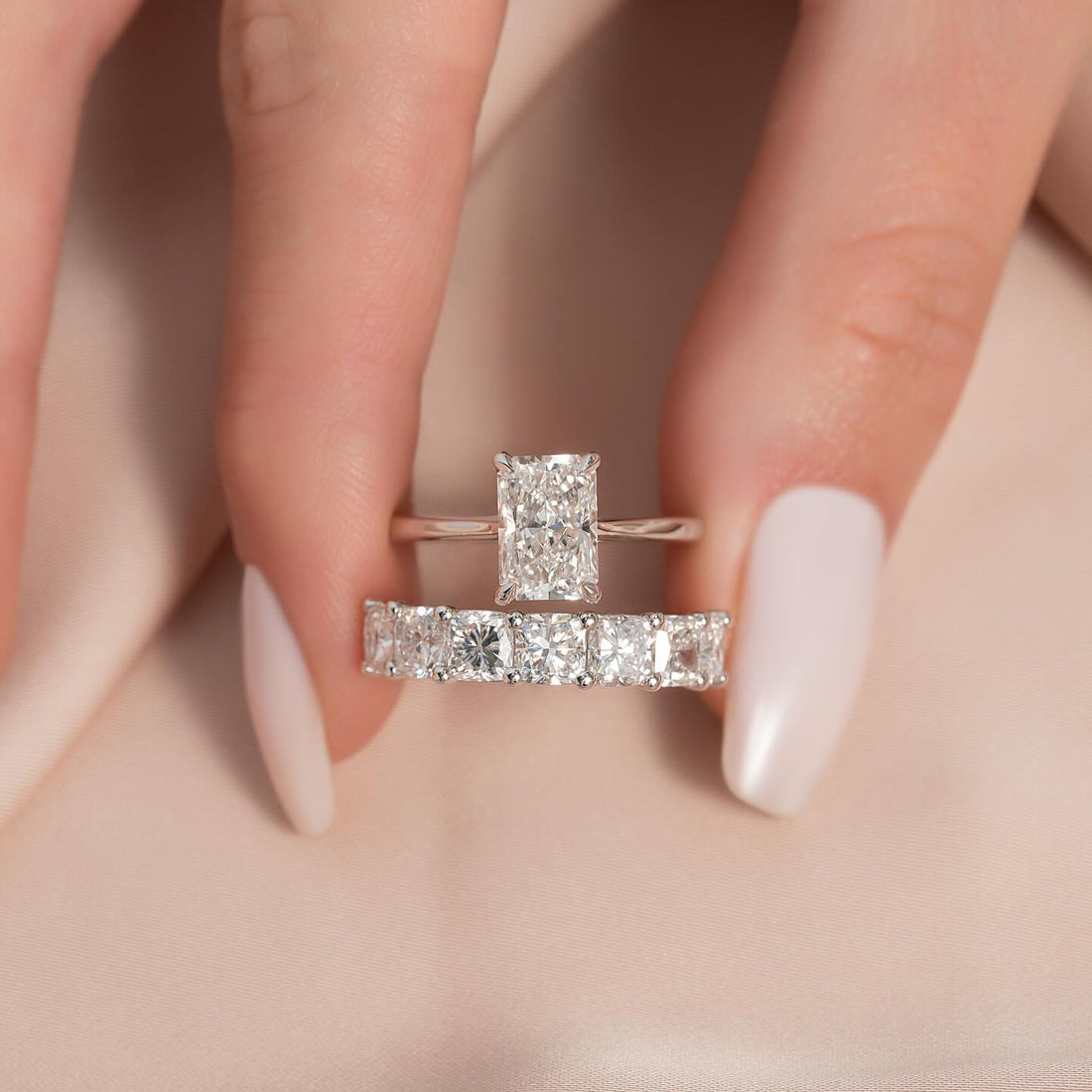 Radiant Cut Moissanite Solitaire Bridal Set — stacked on hand — Mapple Gems
