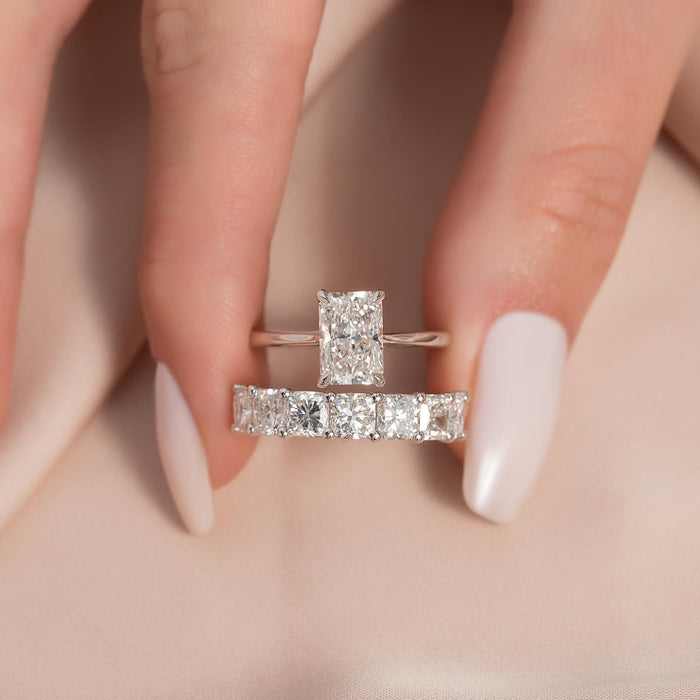 Radiant Cut Moissanite Solitaire Bridal Set — stacked on hand — Mapple Gems