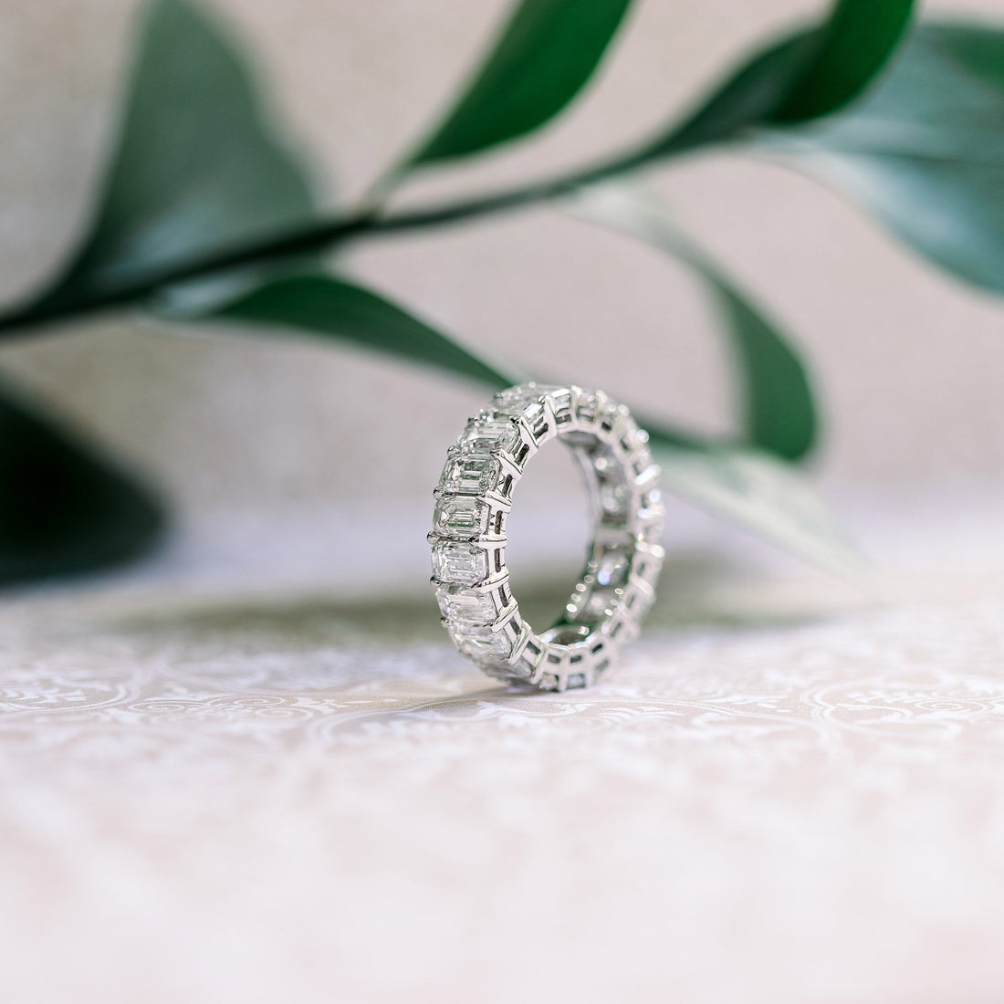White gold emerald cut moissanite full eternity band standing upright in front of green leaves