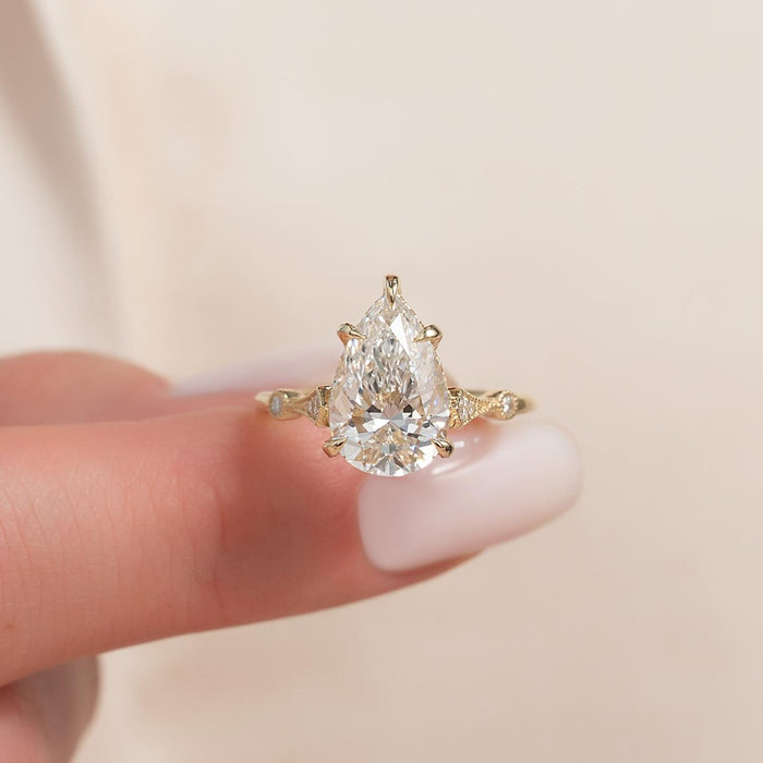 Pear Cut Moissanite Vintage Milgrain Solitaire Ring in 14K Gold — Mapple Gems
