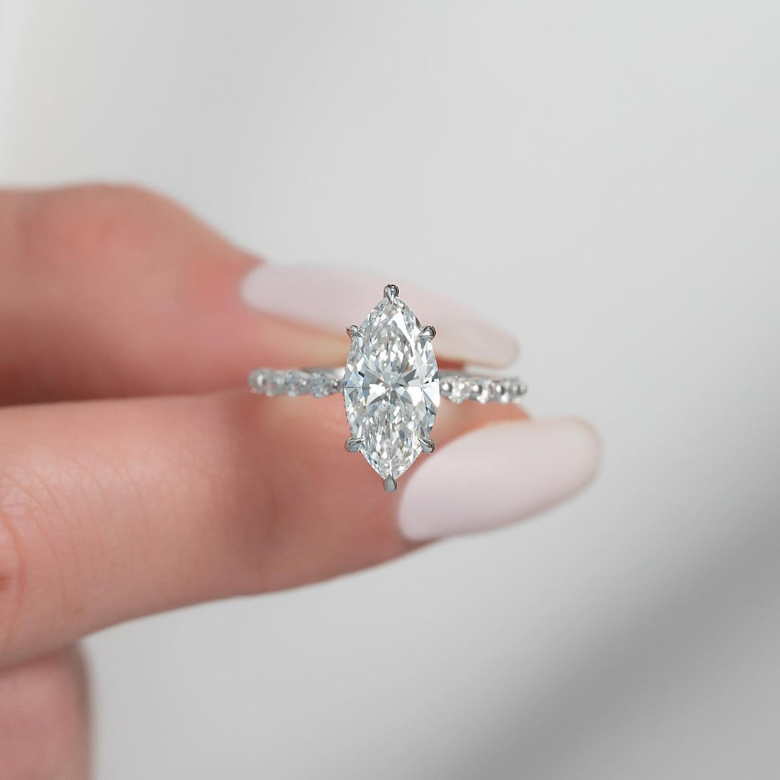 Marquise Cut Moissanite Accent Band Hidden Halo Ring in 14K Gold — Mapple Gems