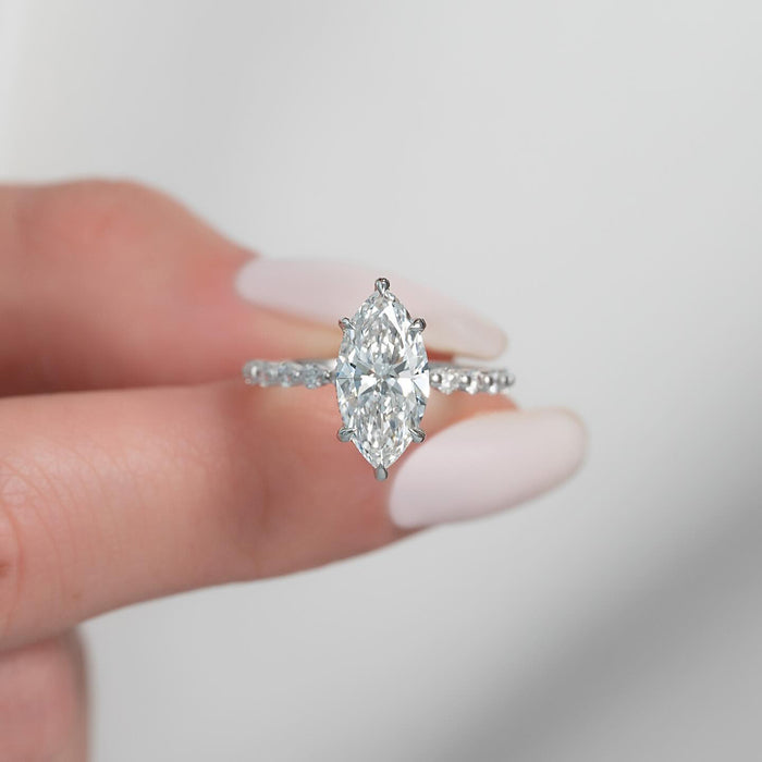 Marquise Cut Moissanite Accent Band Hidden Halo Ring in 14K Gold — Mapple Gems